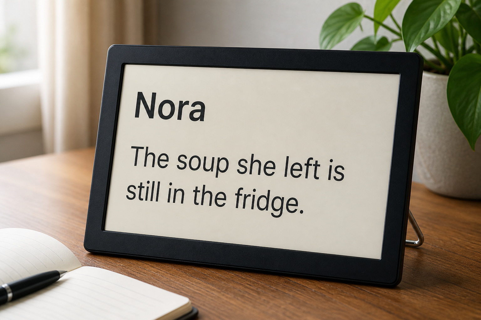 A Calm Display on a home desk showing a prompt to thank Nora