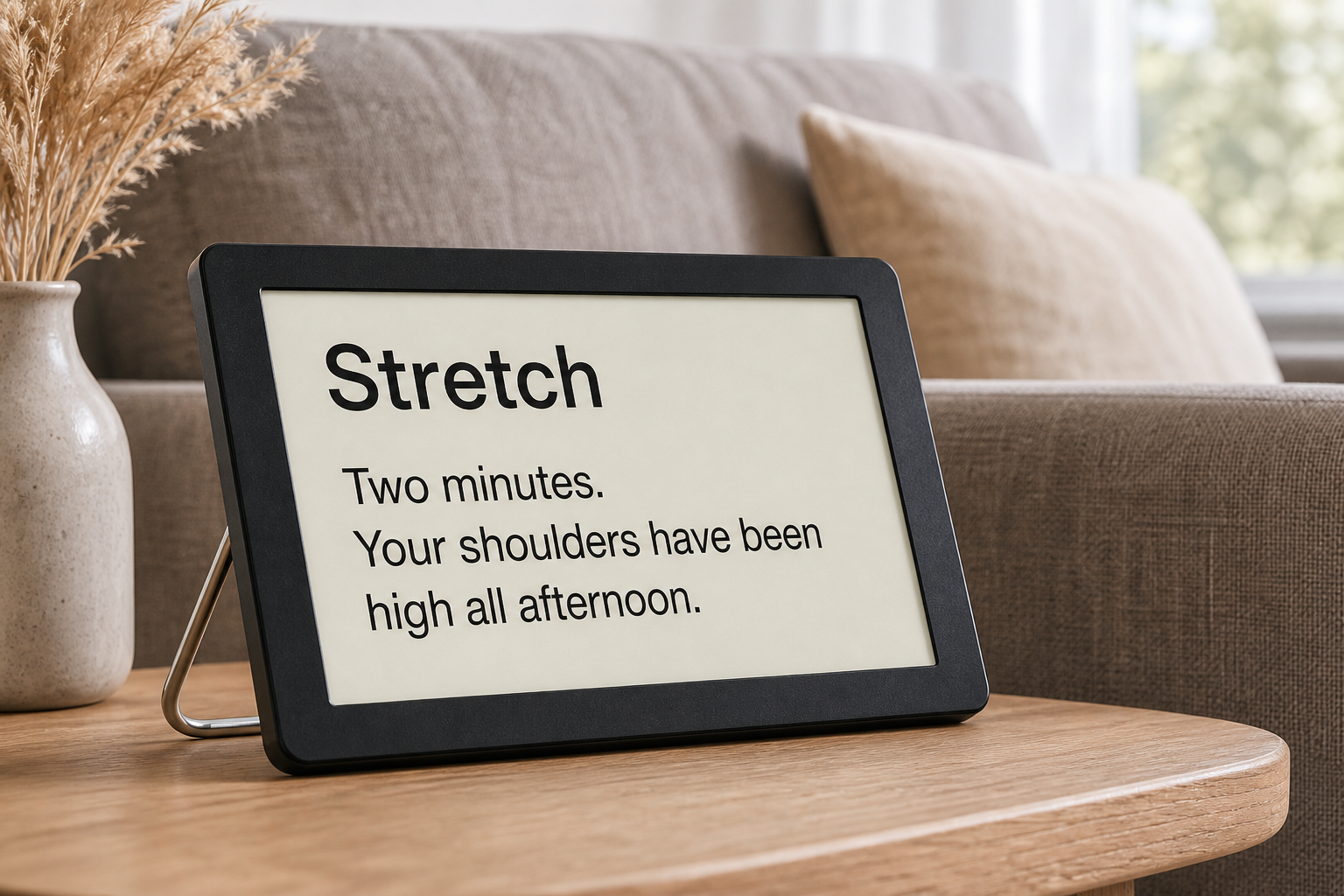 A Calm Display in a living room showing a prompt to stretch